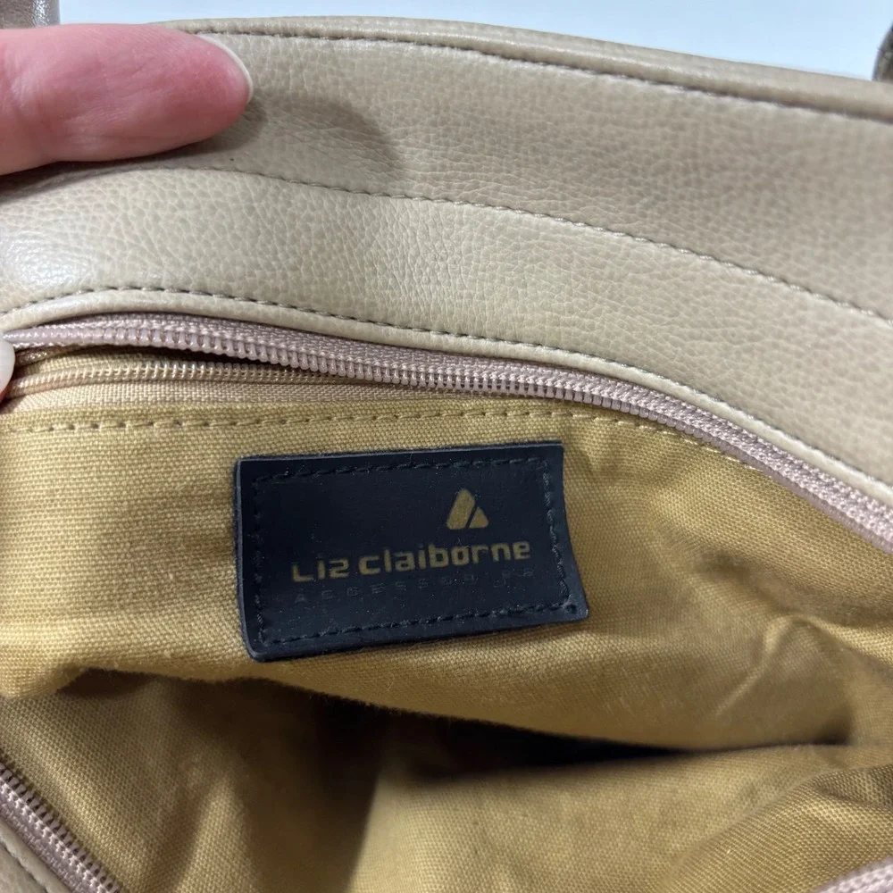 Liz Claiborne Tan Taupe Satchel Handbag Two Tone Gold Hardware Tote Bag